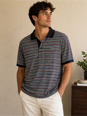 LaCrosse Men’s Multi-Stripe Polo with Navy Collar size 6